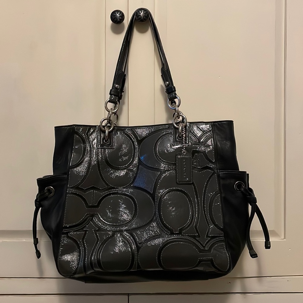 Coach tote.  Black leather with grey patent C overlay.  Like new.